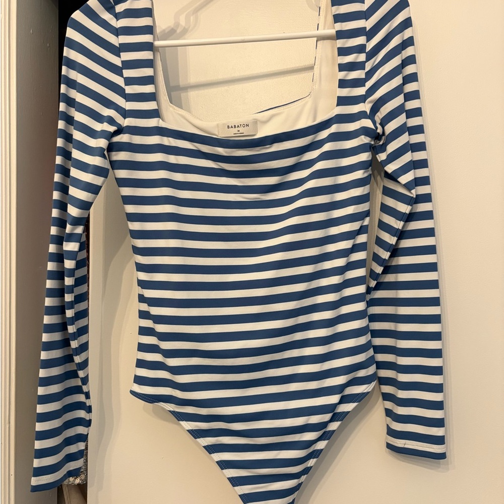 Babaton Blue & White Striped Long-Sleeve One-Piece